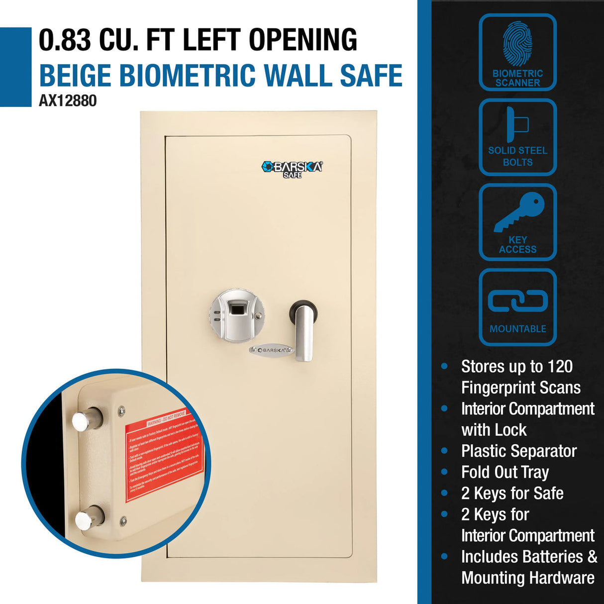 Barska BIOMETRIC Wall Safe 0.82 CUBIC FT Beige