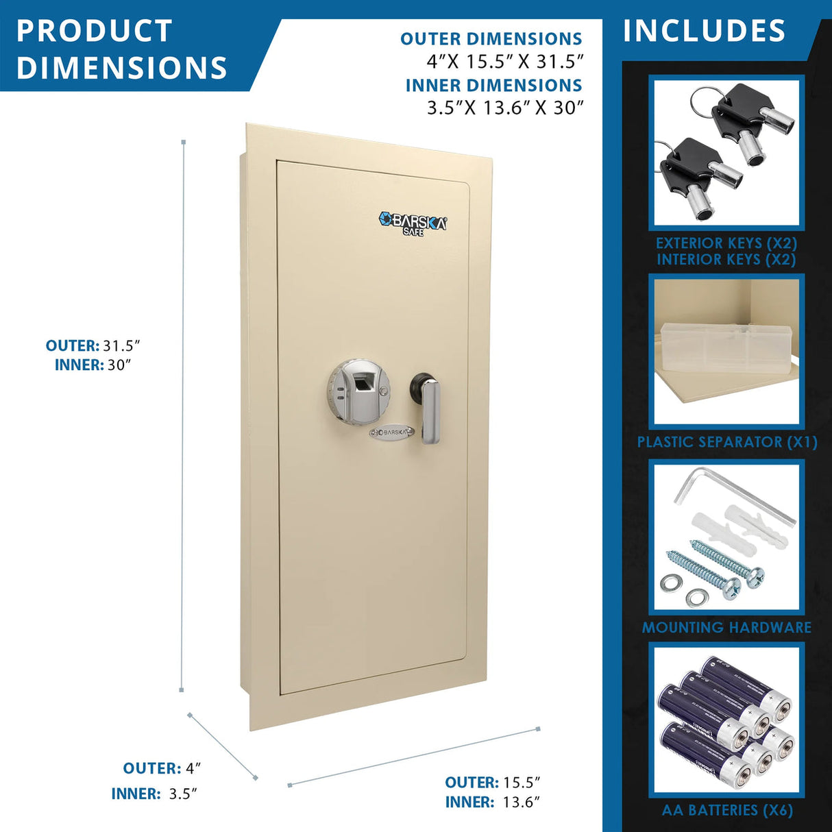 Barska BIOMETRIC Wall Safe 0.82 CUBIC FT Beige