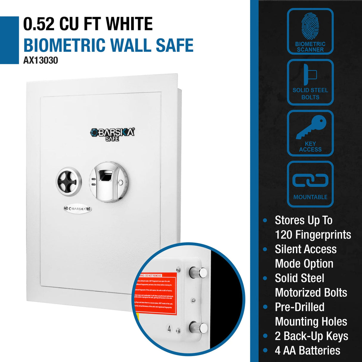 Barska BIOMETRIC Wall Safe 0.52 CUBIC FT WHITE