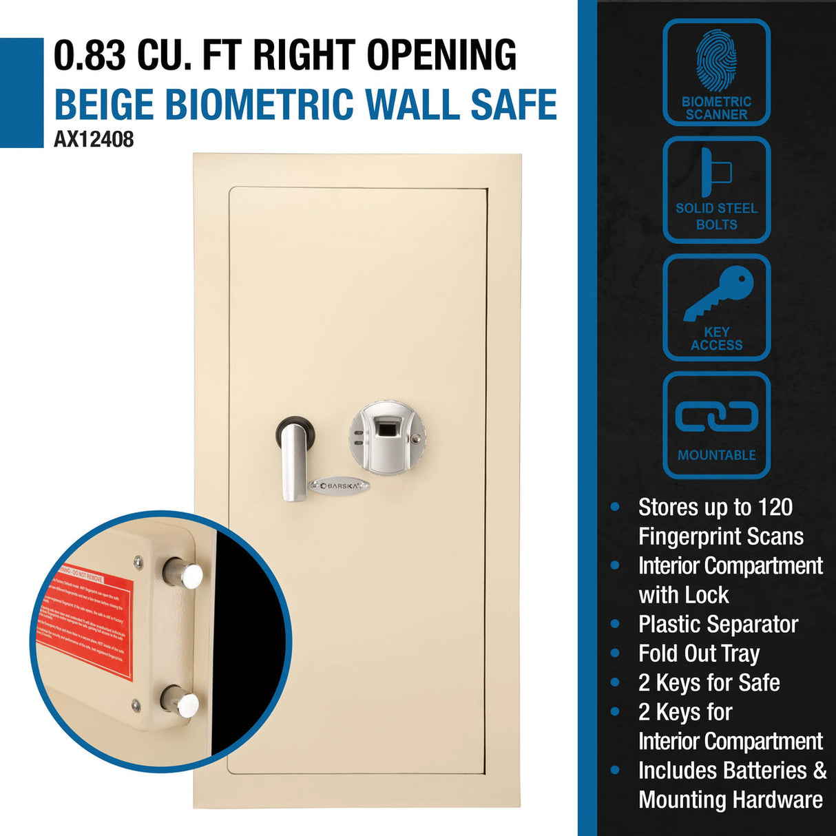Barska BIOMETRIC Wall Safe 0.82 CUBIC FT Beige