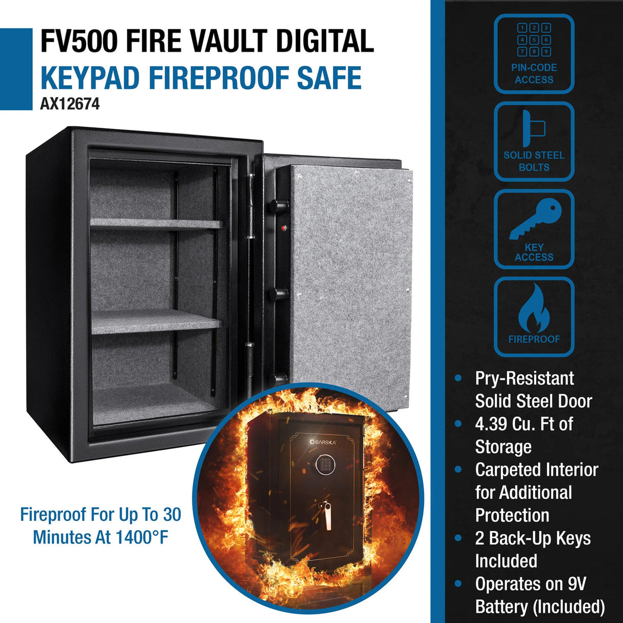 Barska 4.39 CUBIC FT Fireproof Safe Vault