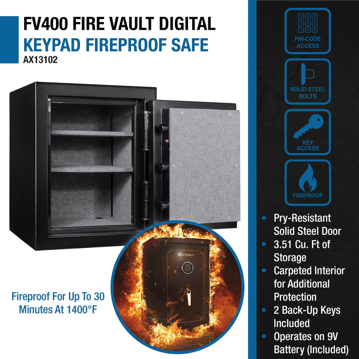 Barska 3.51 CUBIC FT Fireproof Safe Vault